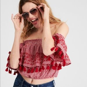 AEO Red Gingham Off the Shoulder Bubble Crop Top